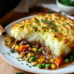 A slice of homemade Shepherds Pie Recipe with golden mashed potatoes, ground meat, peas, carrots, and corn on a plate, topped with parsley.