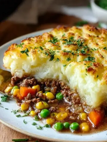 A slice of homemade Shepherds Pie Recipe with golden mashed potatoes, ground meat, peas, carrots, and corn on a plate, topped with parsley.