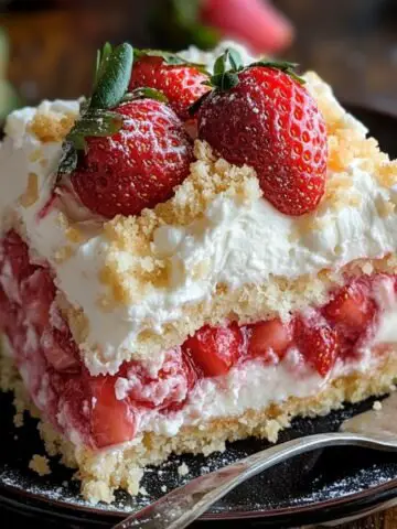 A slice of homemade strawberry cheesecake dump cake with whipped cream, fresh strawberries, and crumb topping on a black plate with a fork.