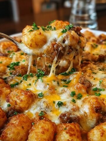 Homemade Tater Tot Casserole in a white dish with crispy golden tots, melted cheese, ground beef, and fresh parsley, with a spoon lifting a cheesy serving in a cozy kitchen setting.