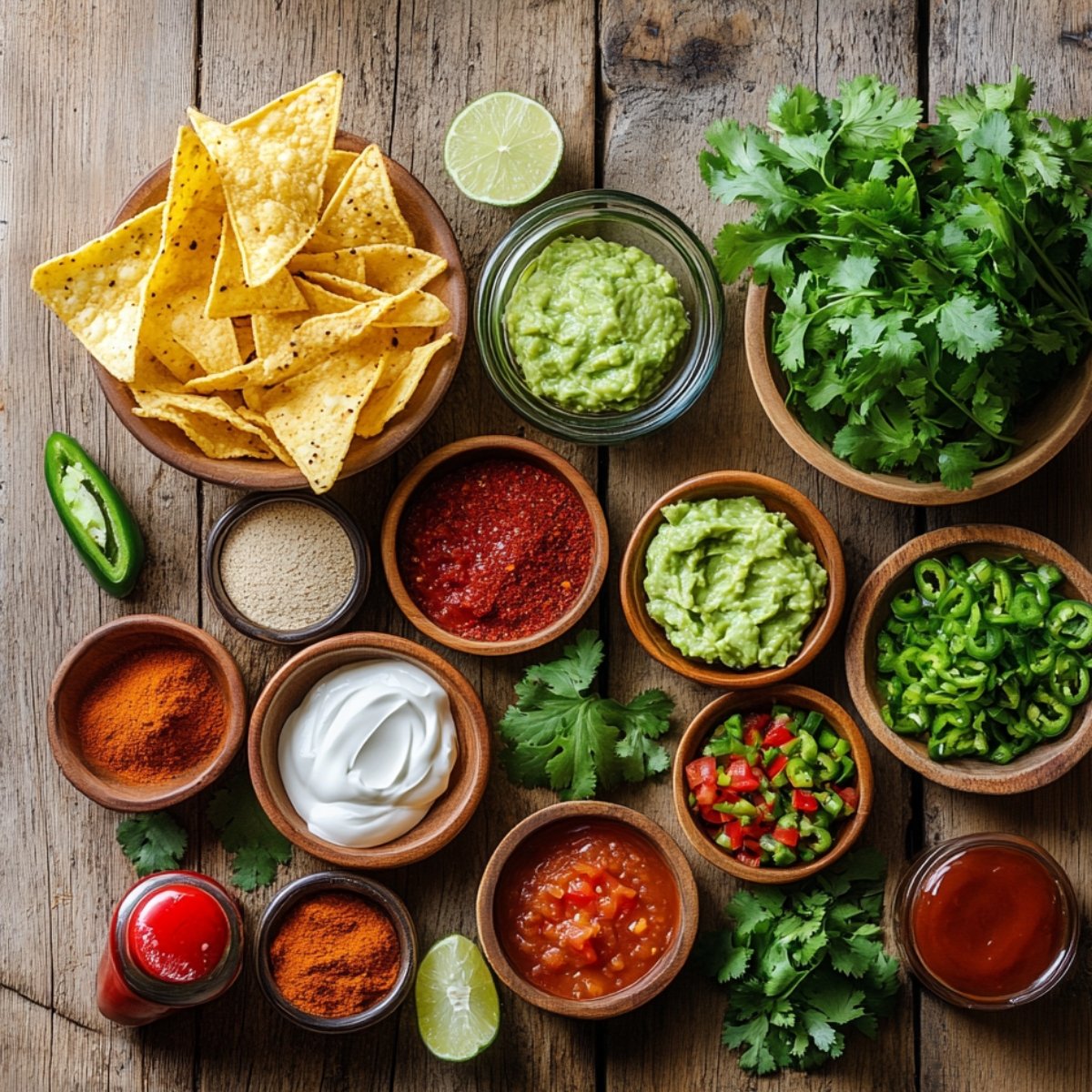 Nacho toppings and spices on a rustic table, including tortilla chips, guacamole, sour cream, cilantro, jalapeños, salsa, lime, and assorted seasonings in wooden bowls.