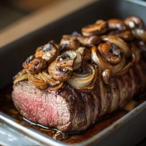 Roasted beef tenderloin topped with mushrooms and onions in a pan, cooked medium-rare with pan juices—part of beef Wellington prep.