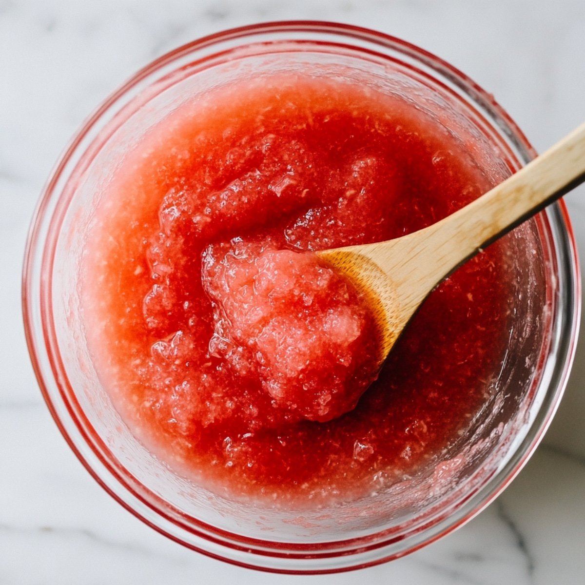 Thick watermelon sorbet mixture in a glass bowl, stirred with a wooden spoon on a white marble surface.