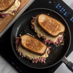 Two Reuben sandwiches grilling in a skillet on an induction cooktop, with golden toasted bread and melted Swiss cheese spilling over layers of corned beef.