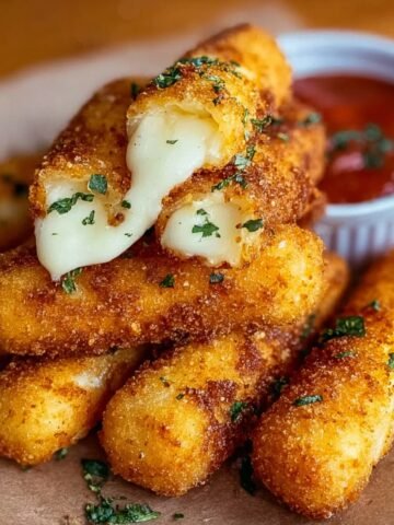 A stack of crispy homemade fried mozzarella sticks on parchment paper, topped with one pulled apart to reveal melted cheese, garnished with parsley and served with marinara sauce in a ramekin.
