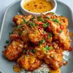 Crispy Bang Bang Chicken over white rice, topped with spicy orange sauce, green onions, red chili, sesame seeds, and served with a dipping sauce and fresh parsley on a speckled plate.