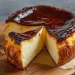 Homemade Basque Burnt Cheesecake with a glossy, dark caramelized top, a creamy custard-like center, and one slice cut out, sitting on parchment over a wooden board.