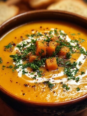 Homemade butternut squash soup in a rustic bowl, topped with cream, roasted squash cubes, parsley, and cracked pepper, with crusty bread in the background.