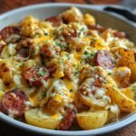 Homemade cheesy ranch potatoes with browned sausage slices, melted cheddar, and parsley garnish in a white baking dish.