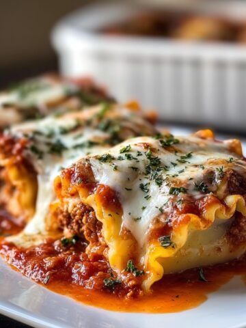 Close-up of homemade lasagna roll ups topped with melted mozzarella and fresh parsley, sitting in rich marinara sauce on a white plate. The pasta is golden and curled, with a meaty ricotta filling visible. A white baking dish with more roll ups is blurred in the background.
