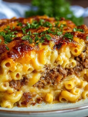 A homemade slice of mac and cheese meatloaf casserole with gooey elbow macaroni, a beef layer, crispy golden cheese on top, and parsley garnish, served on a plate with a checkered napkin in the background.