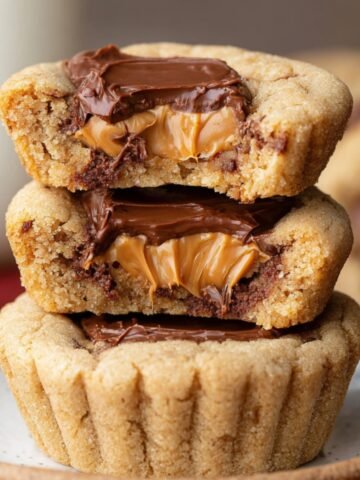 Homemade peanut butter cup cookies, with gooey chocolate and peanut butter centers, cut open to show soft, golden, freshly baked texture.
