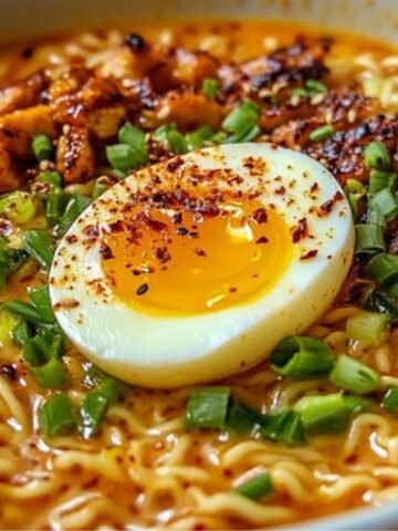 Homemade ramen noodles with spicy broth, soft-boiled egg, grilled chicken, green onions, and chili flakes.