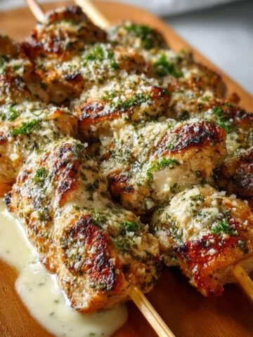 Homemade grilled chicken skewers on a wooden platter, coated in melted parmesan, garlic, ranch seasoning, and herbs, with golden-brown edges and a drizzle of creamy sauce.