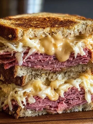 Homemade Reuben sandwich stacked in halves with toasted rye bread, layered corned beef, melted Swiss cheese, sauerkraut, and dripping Russian dressing on a wooden board.