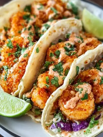 Homemade shrimp tacos in soft flour tortillas, topped with crispy seasoned shrimp, creamy chipotle sauce, shredded purple cabbage, fresh cilantro, and lime wedges on the side.