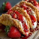Homemade strawberry crunch cheesecake tacos with golden graham cracker-coated shells, creamy cheesecake filling, sliced strawberries, and strawberry sauce, served on a wooden board with fresh strawberries.