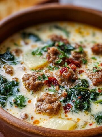 A warm, homemade bowl of Zuppa Toscana soup with creamy broth, browned sausage, tender potato slices, wilted kale, crispy bacon bits, and fresh parsley, served in a rustic bowl with toasted bread in the background.