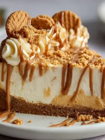 Slice of homemade no bake Biscoff cheesecake with cookie crust, creamy layered filling, Biscoff drizzle, whipped cream, and cookie crumbles on top. Served on a plate with crumbs and sauce around it.