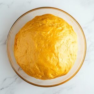 Pumpkin cinnamon roll dough resting in a lightly greased glass bowl, smooth and golden, after being mixed—ready to rise in a cozy home kitchen.
