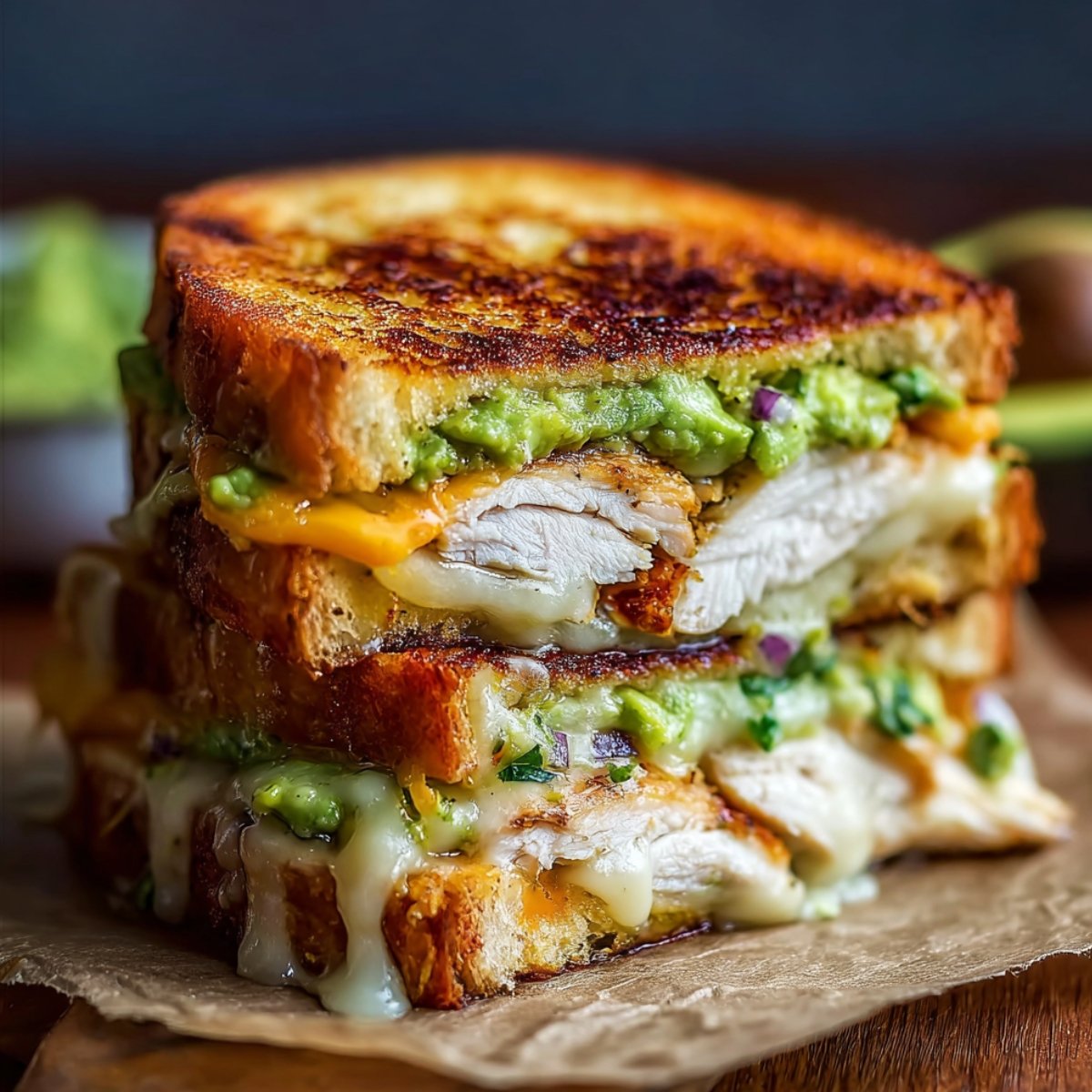 Stacked homemade Chicken Avocado Melt Sandwich with golden toasted sourdough, melted cheese, sliced chicken breast, and creamy avocado with red onion and herbs, on parchment over a wooden surface.