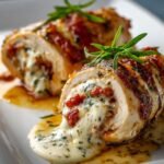 Chicken Rollatini stuffed with melted mozzarella, herbs, and sun-dried tomatoes, sliced open with gooey cheese spilling out, garnished with fresh herbs on a white plate.