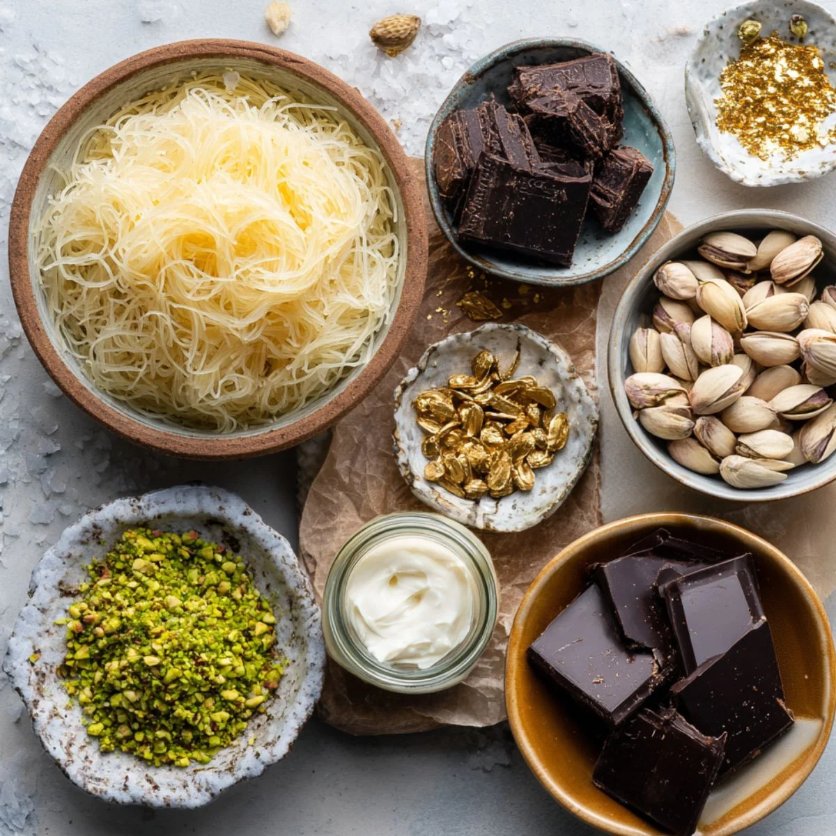 Dubai chocolate cheesecake toppings laid out: shredded kunafa, dark chocolate chunks, whole and chopped pistachios, tahini or cream, sea salt, and edible gold flakes on rustic dishes.