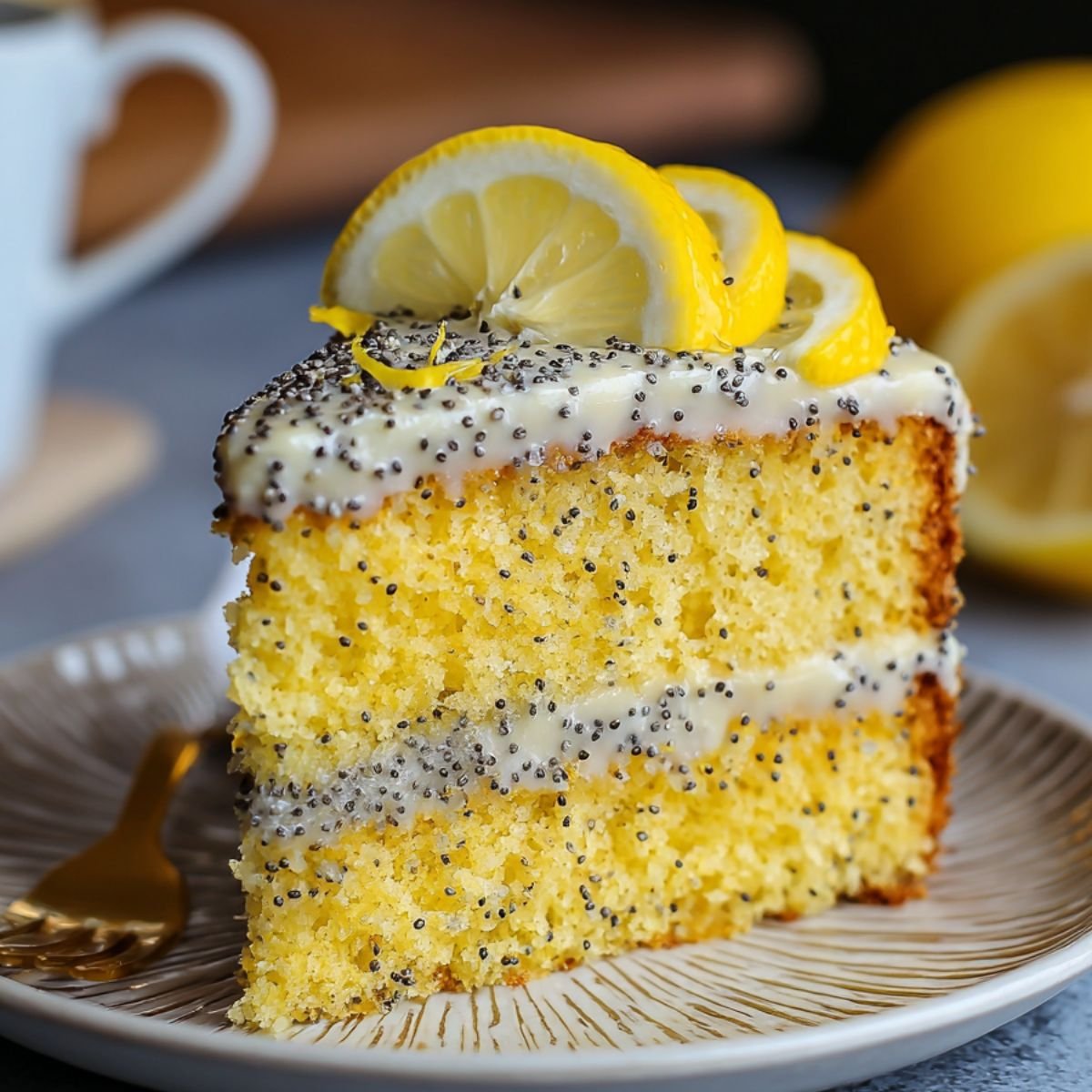 Slice of homemade lemon poppyseed cake with lemon frosting, poppy seed topping, and lemon slice garnish on a patterned plate with a gold fork.