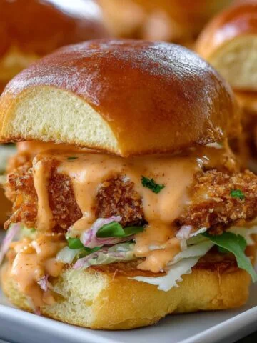 Homemade Bang Bang Chicken Sliders on a white plate, with a glossy golden bun, crispy fried chicken, creamy orange bang bang sauce dripping down, fresh shredded lettuce, and herbs for garnish.