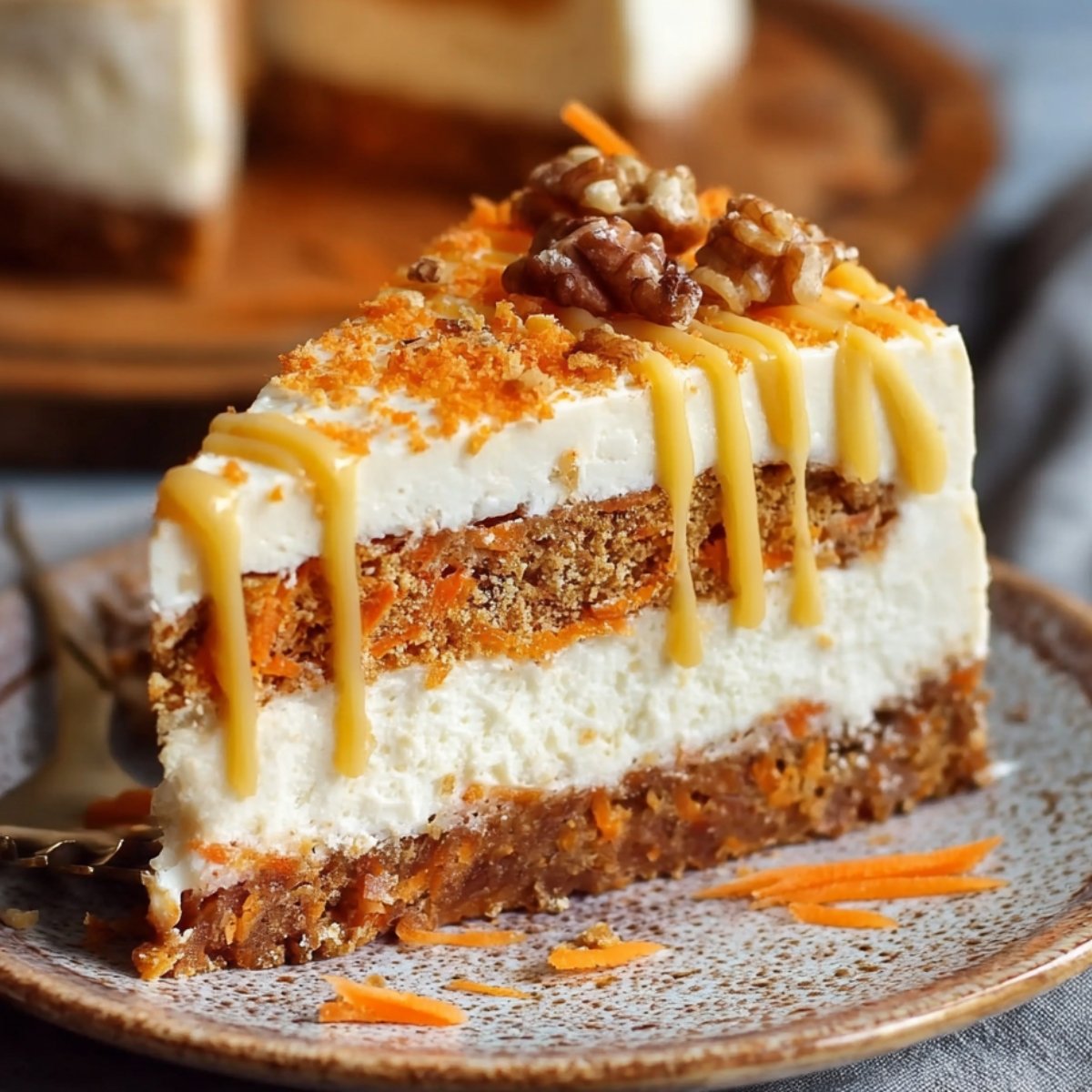 Homemade Carrot Cake Cheesecake with creamy layers, carrot flecks, caramel drizzle, and walnut topping on a rustic plate.