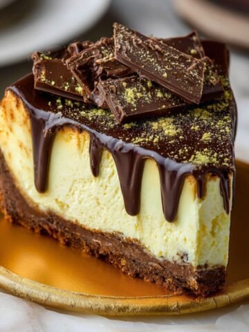 Homemade Dubai chocolate cheesecake slice with chocolate crust, creamy filling, glossy ganache drip, chocolate chunks, and pistachio dust on a gold plate.