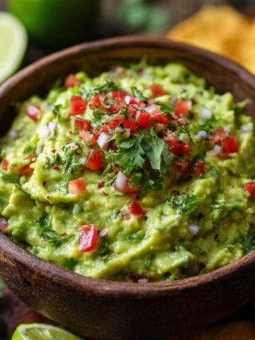 Homemade Guacamole Recipe topped with diced tomatoes, onion, cilantro, and chili flakes, surrounded by tortilla chips and lime, in warm natural light.
