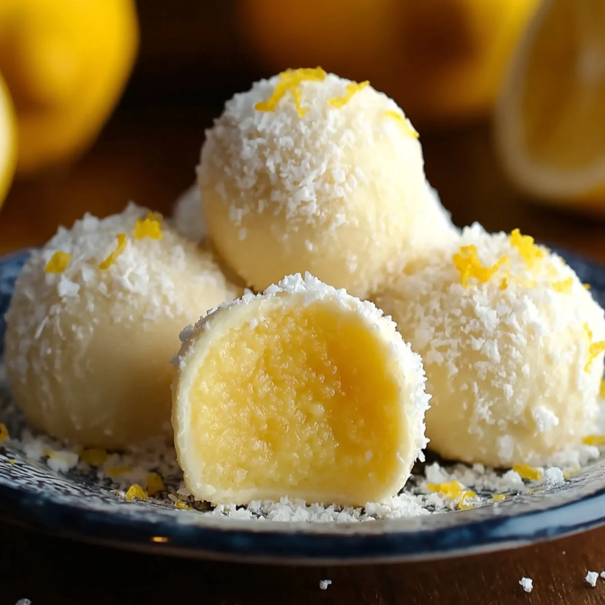 Homemade lemon truffles coated in powdered sugar with lemon zest, one bitten to show a creamy lemon center, on a white plate.