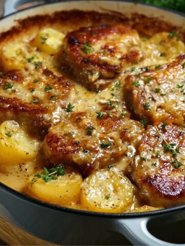 Homemade pork chop and potato bake with golden seared pork chops, tender potatoes, and creamy sauce, topped with fresh thyme in a rustic casserole dish.