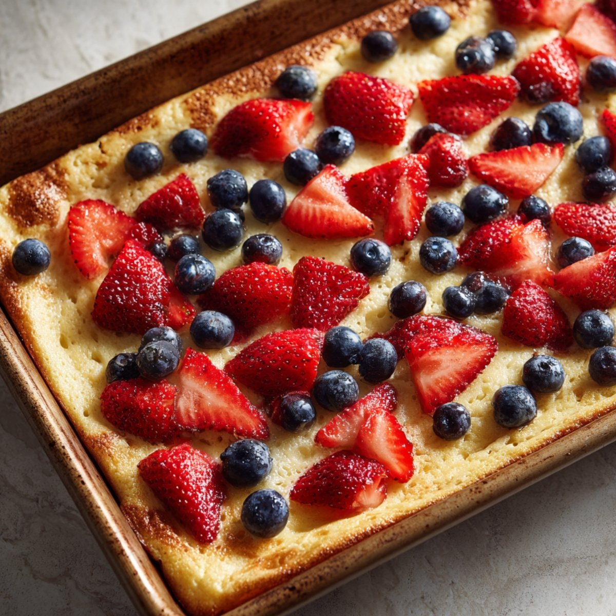 Golden brown homemade sheet pan pancake topped with fresh strawberries and blueberries in a rustic metal pan, with crisp edges and juicy fruit glistening under natural light.