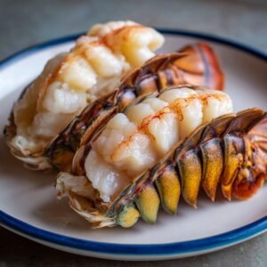 Raw lobster tails split open on a white plate with shells and fresh meat exposed, ready for cooking.