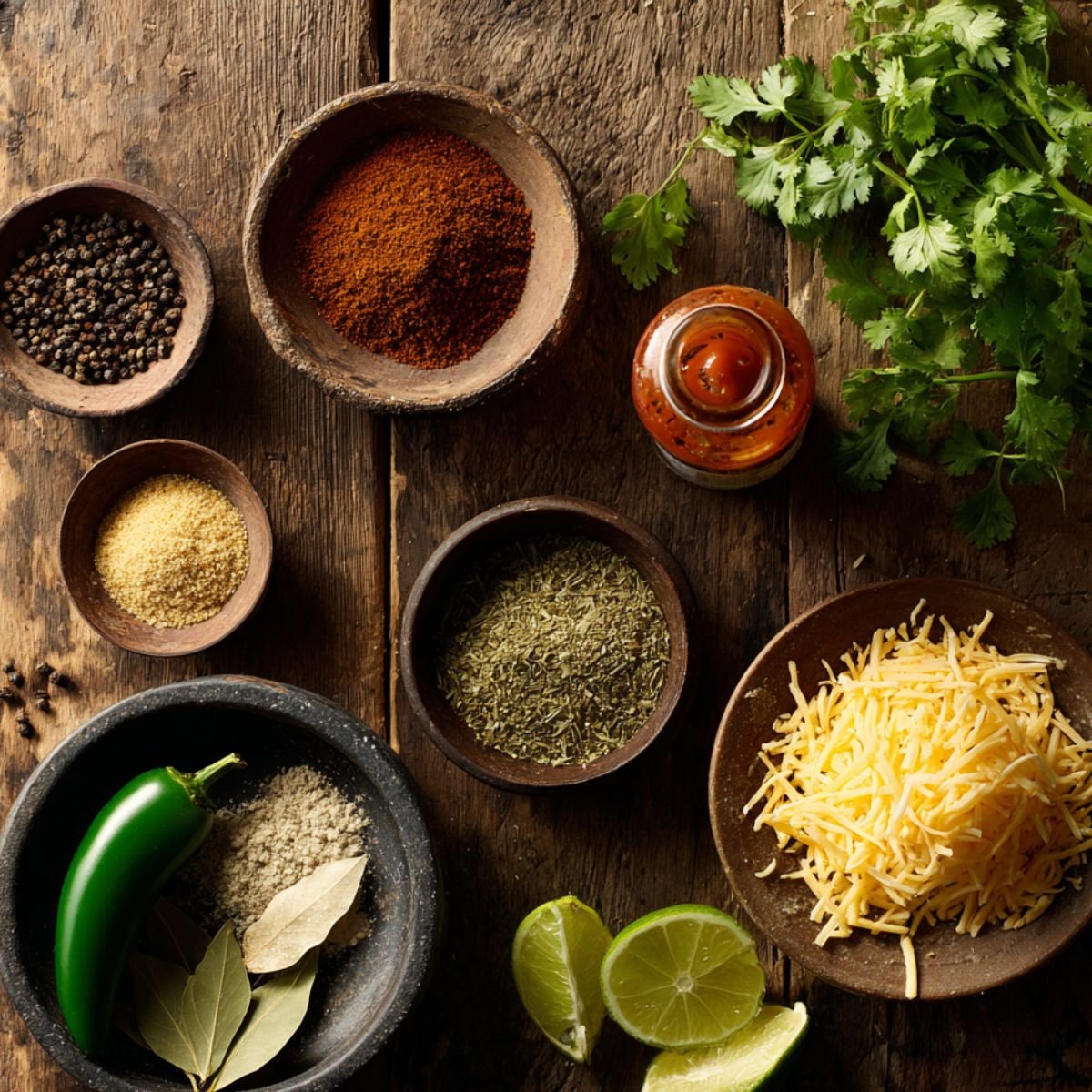 Rustic wooden table with chili powder, black pepper, cumin, dried herbs, shredded cheese, fresh cilantro, lime wedges, a jalapeño, bay leaves, and hot sauce.