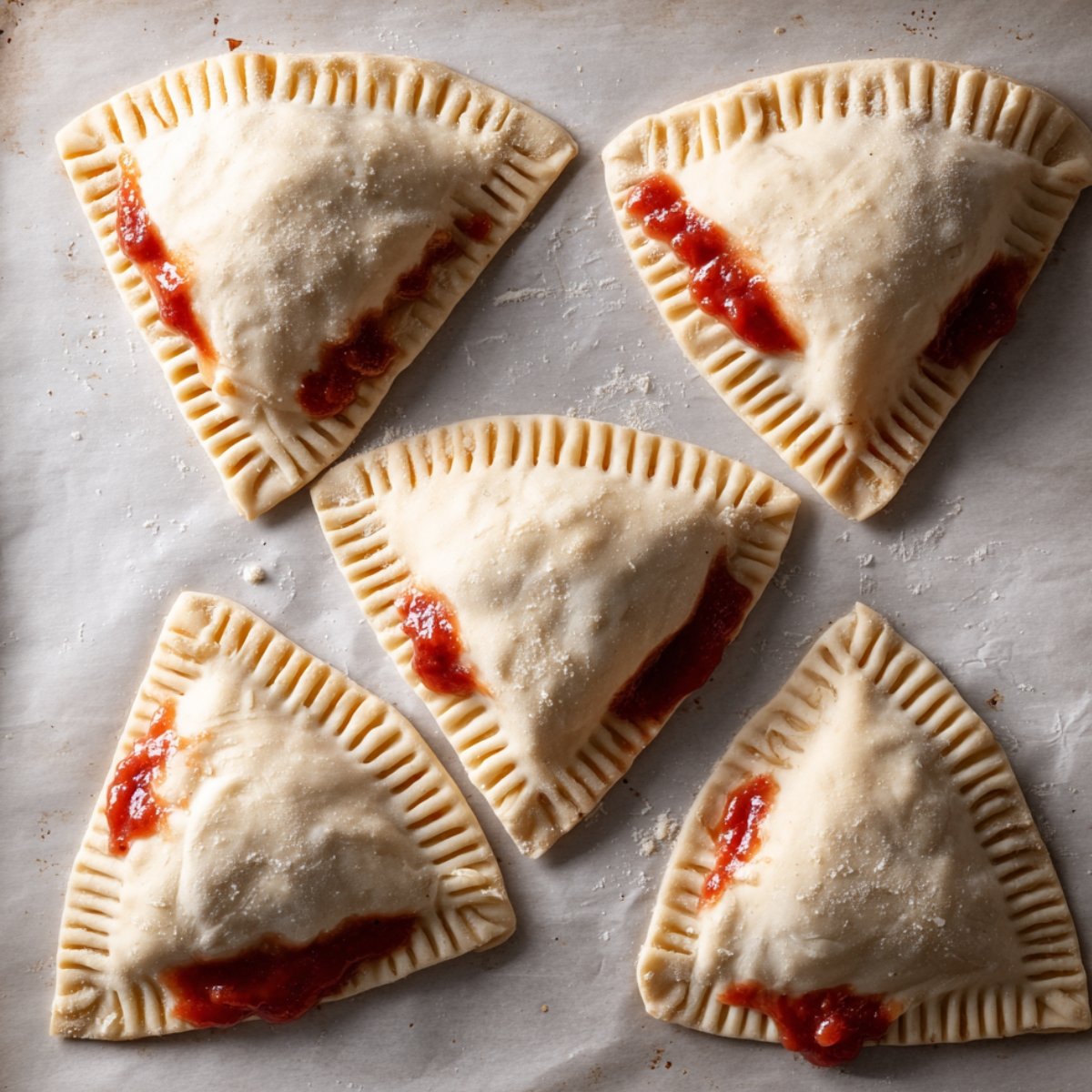 Unbaked triangle pizza pockets with fork-crimped edges and sauce oozing out, on parchment paper.