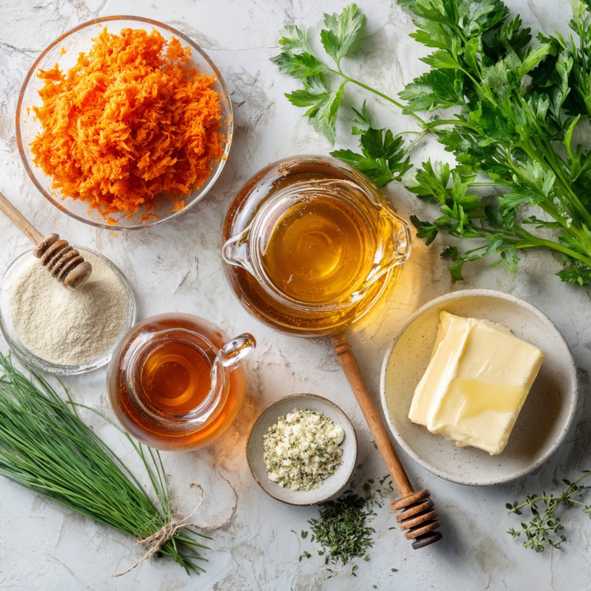 Overhead view of fresh smashed carrot ingredients on a rustic wooden table — large carrots with greens, baby carrots, sea salt, olive oil, garlic powder, fresh herbs, black pepper, and Parmesan cheese with shavings, lit by natural daylight for a warm homemade feel.