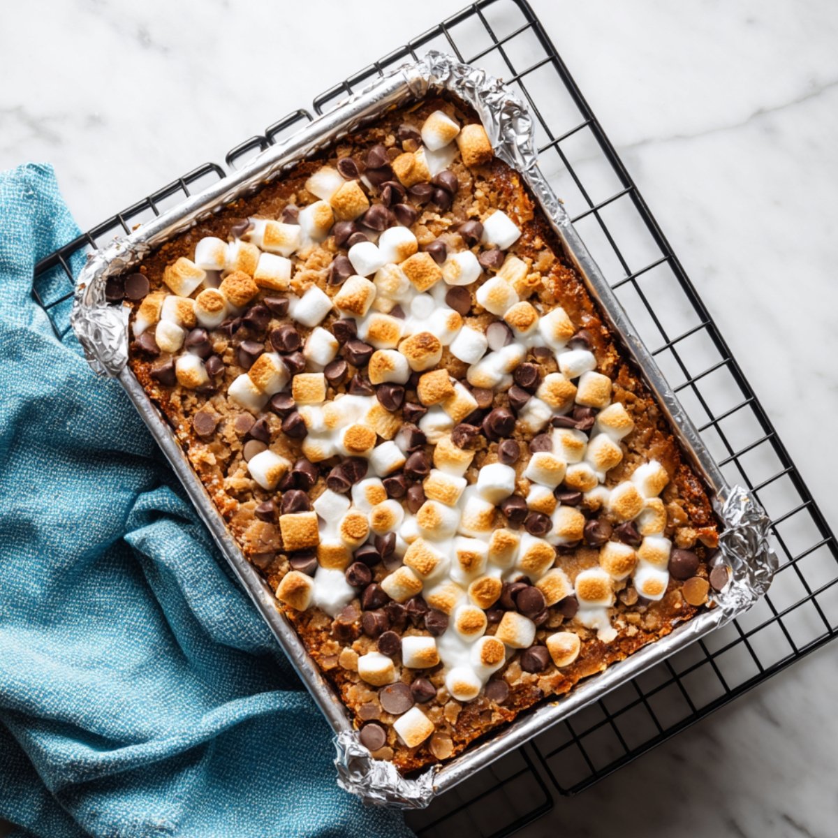 Homemade s’mores bars in a foil-lined pan, topped with toasted mini marshmallows and melted chocolate chips, cooling on a wire rack over a marble counter with a blue kitchen towel.