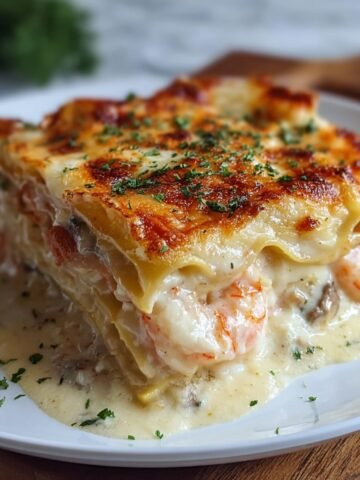 The Best Seafood Lasagna Recipe on a white plate with golden-brown cheesy top, creamy layers of shrimp and crab in alfredo sauce, garnished with parsley.