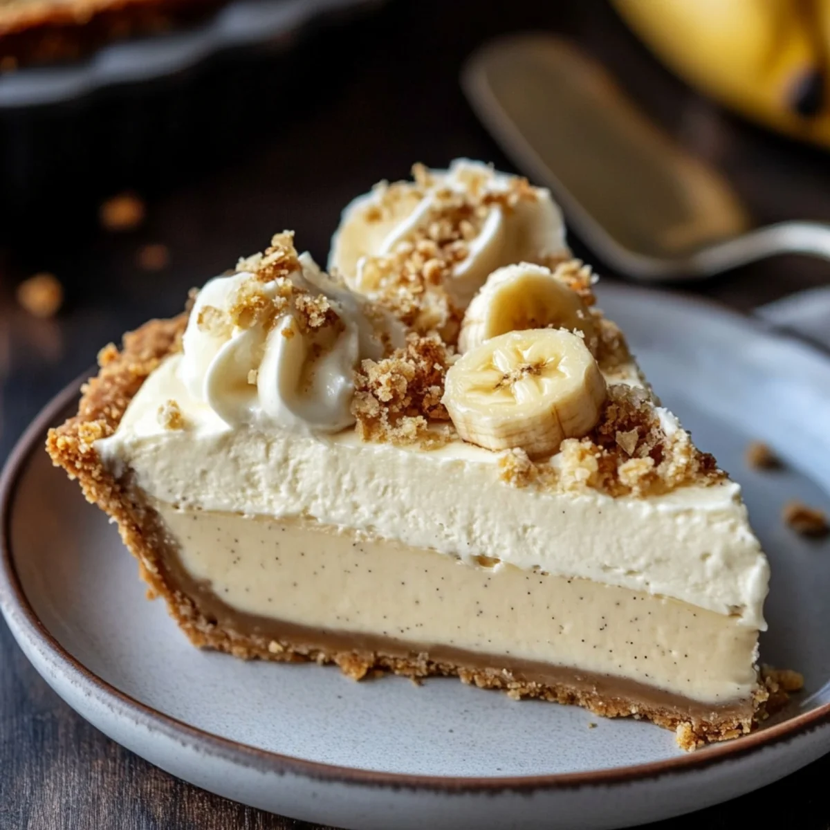 Banana Cream Pie Recipe with crumb crust, creamy custard, whipped cream, banana slices, and crumb topping on a white plate.
