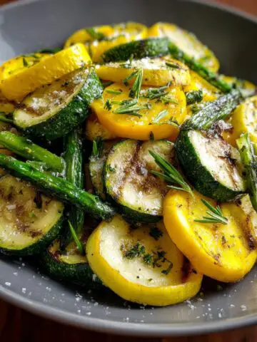 A gray bowl containing roasted slices of green zucchini and yellow squash, topped with a sprinkle of fresh rosemary and salt.