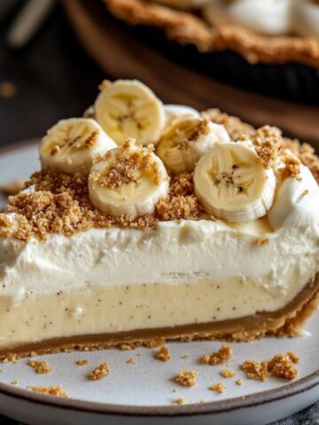 Homemade Banana Cream Pie Recipe with crumb crust, vanilla-speckled custard, whipped cream, banana slices, and crumb topping on a white plate.