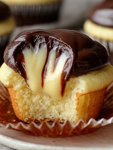 Homemade Boston Cream Cupcakes with a bite taken out, showing creamy vanilla custard filling oozing from the soft golden cupcake, topped with a thick, glossy layer of rich chocolate ganache.
