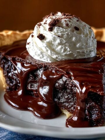 Homemade Hot Fudge Pie Recipe with a golden crust, oozing chocolate filling, topped with whipped cream and chocolate shavings, served on a white plate.