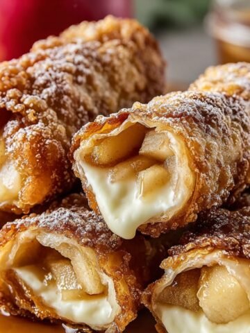 Close-up of fried apple pie egg rolls with a crispy exterior, dusted with cinnamon sugar, showing apple filling and creamy center."