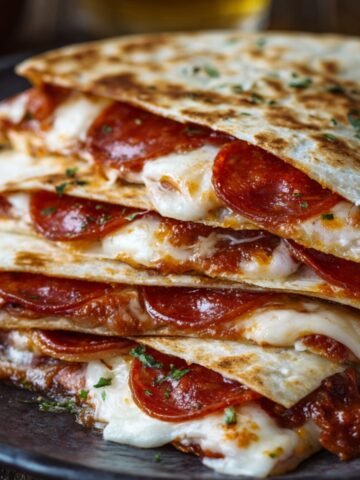 "Close-up of stacked pepperoni pizza quesadillas with melted cheese oozing out, garnished with chopped herbs on a black plate."