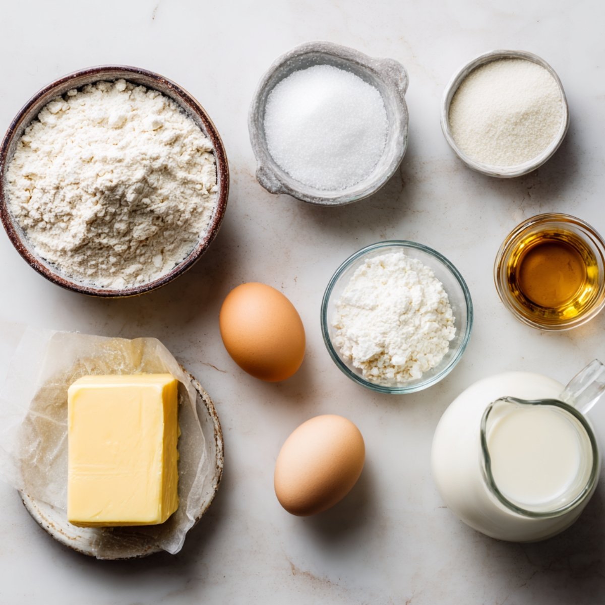 Ingredients for homemade Boston Cream Cupcakes laid out on a marble surface, including flour, sugar, butter, eggs, vanilla extract, cornstarch, milk, and dry milk powder.