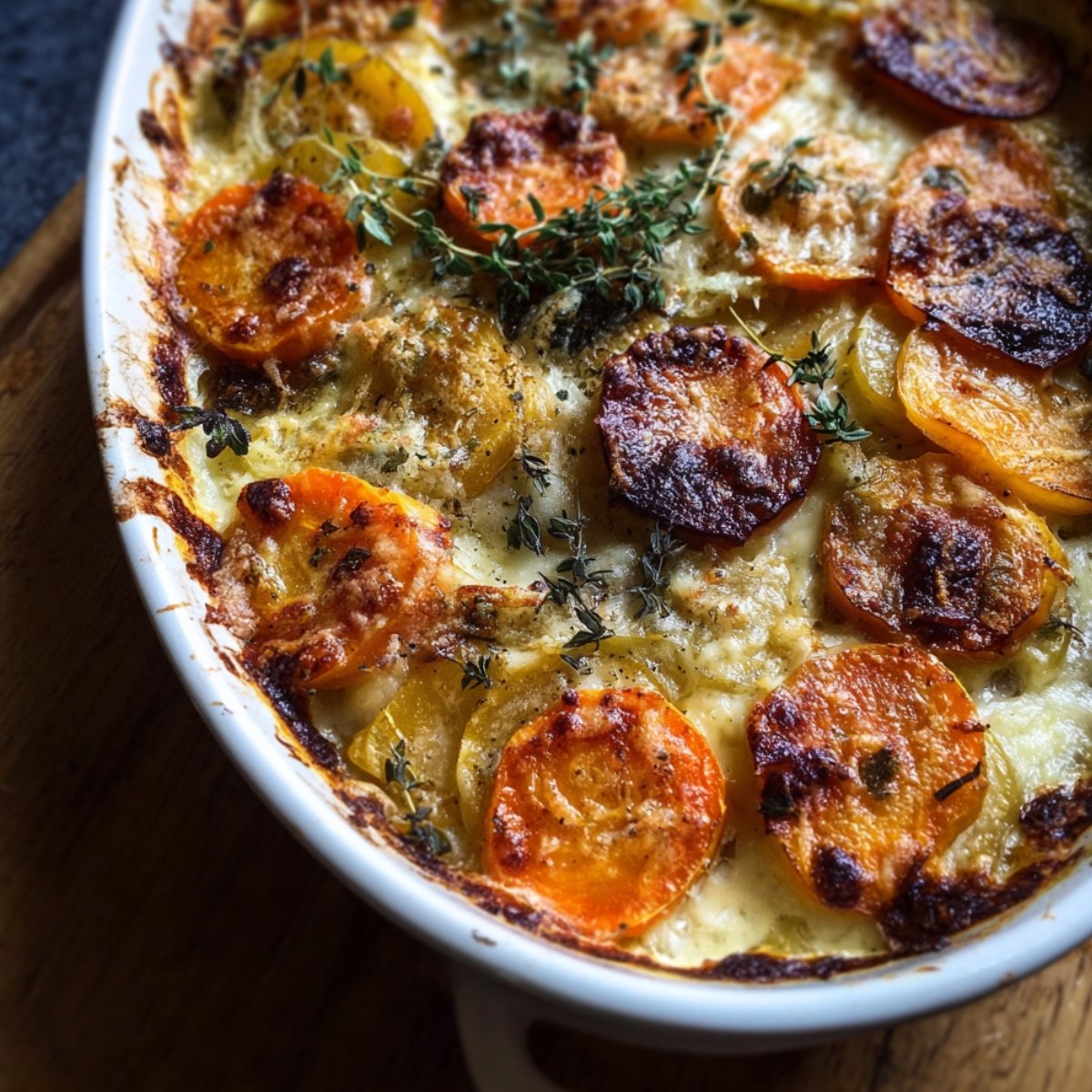 Close-up of a golden-brown root veggie gratin in a white ceramic baking dish, layered with caramelized slices of sweet potatoes and potatoes, topped with herbs and crispy cheese for a cozy homemade finish.